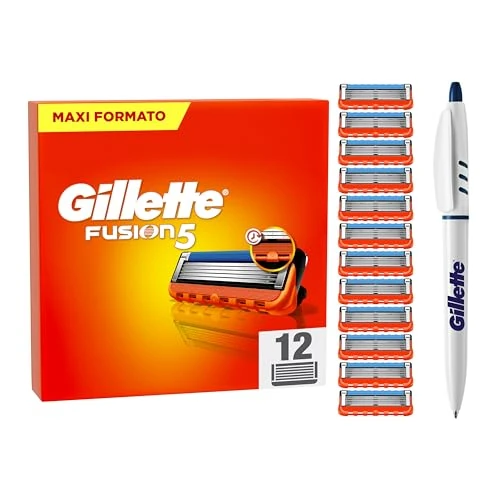 Gillette Fusion 5 Shaving Blades, 12 Spare Parts of 5 Blades, Unsurpassed Delicacy, Sliding Shaving with Lubricating Strip, Up to 1 Month Shaving with 1 Blade + Pen Included
