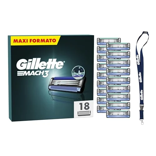 Gillette Mach3 Shaving Blades, 18 Spare Parts (3 Blades), Protective Microflap, Excellent Slide with Lubricating Strip, Up to 15 Shaves with 1 Head + Neck Strap Included