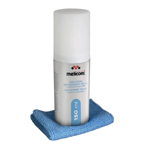 Meliconi Solución de Limpieza C-150, con paño de Microfibra para Limpiar Pantallas de TV, monitores de PC, teléfonos Inteligentes, LCD, Plasma, sin Dejar Marcas, 150 ml