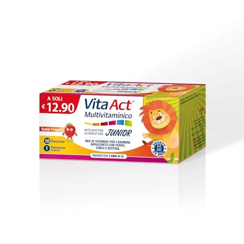 Offerta a tempo: Vita Act Multivitaminico Junior, Integratore Alimentare per Bambini con Vitamina C, Vitamine B2, Vitamina B12, Zinco e Ferro, Gusto Fragola - 1 Confezione da 10 Flaconcini — 32% da 12,90 € a 8,76 €
