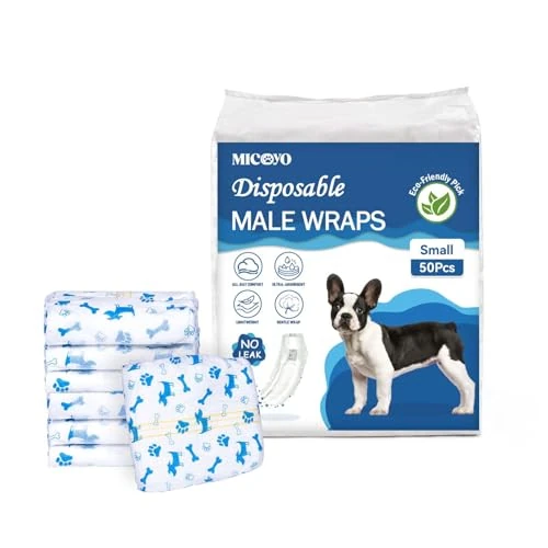 Limited-time offer: MICOOYO Dog Nappies Male,Disposable Male Dog Wraps,Super Absorbent Dog Diapers with Wetness Indicator,Puppy Dog Nappy for Incontinence (S-50 Count） from 27.99 £ to 27.99 £ (save 0.00%)