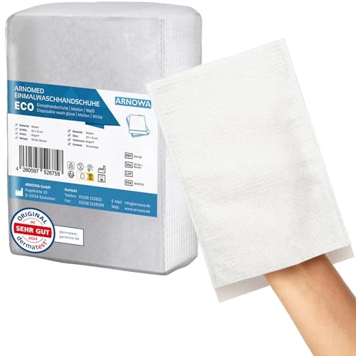 Offerta a tempo: 50x ARNOMED® Manopole Monouso non Saponate [IDEALE PER LA PELLE SENSIBILE] Manopole Monouso per lavare anziani, neonati e bambini 60g/m², Manopole per Lavare Anziani Certificazione Dermatest - 10% da 8.49 € a 7.64 €