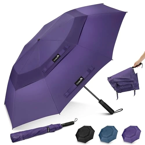 ZOMAKE Compacto Paraguas Golf 62 Pulgadas,Paraguas Plegable Grande Resistente con Doble Toldo Venteado Impermeable,Umbrella Antiviento Automatico para Hombre Mujer(Morado-Doble pliegue)
