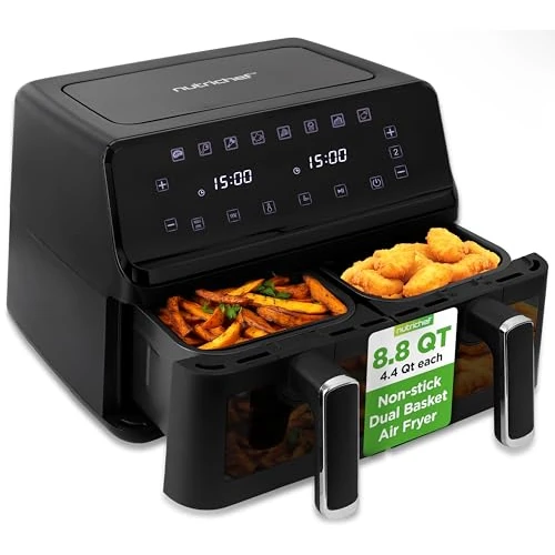Limited-time offer: NutriChef Double Basket Air Fryer 8.8 QT Family Size Oil Free Digital Cooker with Transparent Window 9-1 Preset Cooking Options 360° Hot Air Circulation Technology 4.4 QTs per Basket Black from $99.99 to $99.99 (save 0.00%)