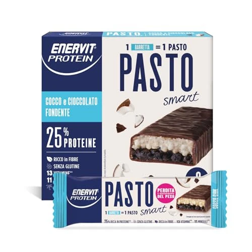 Offerta a tempo: Enervit Protein Pasto Smart Cocco Ciok, Barretta Proteica Sostitutiva del Pasto, Gusto Cocco e Cioccolato Fondente, Per il Controllo del Peso, 1 Barretta=1 Pasto, Senza Glutine, 6 Barrette da 55g - 37% da 13.20 € a 8.34 €