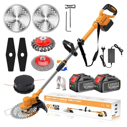 Offerta a tempo: Decespugliatore a batteria 21V, Tagliaerba a Batteria Brushless con 2 Batterie 4,0Ah e Spazzola per Erbacce 4 in 1 Decespugliatore Elettrico, Tubo Telescopico, Testa Girevole 90°, Orange - 38% da 169.17 € a 104.72 €