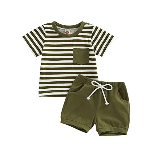 Offerta a tempo: Geagodelia Completini Neonato Maglietta A Maniche Corte A Righe con Pantaloncini Elastici in Vita Completi Estivi Top Girocollo con Tasca (A Verde, 6-12 Months) - 53% da 16.99 € a 7.99 €