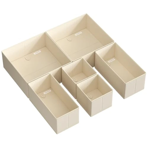 SONGMICS Organizer voor laden, scheidingswanden, 6 stuks, opvouwbare stoffen opbergdozen voor sokken, ondergoed, beha's, stropdassen, sjaals, zandbeige, RDZ006Y01
