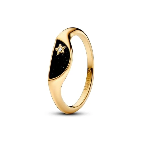 Offerta a tempo: PANDORA ME Anello chevalier placcato in oro 14k con zirconia cubica trasparente e smalto nero glitterato, 54 - 46% da 59.00 € a 31.80 €