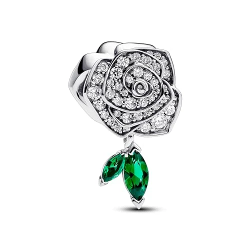 Offerta a tempo: PANDORA Ciondolo Moments a forma di rosa in argento Sterling con zirconia cubica trasparente e cristallo verde reale - 0.00% da 33.40 € a 33.40 €