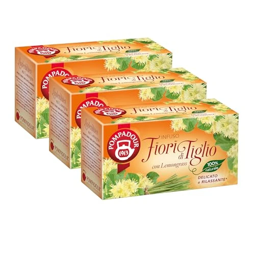 Pompadour, Infuso Fiori di Tiglio con Lemongrass, 60 Filtri (3 Confezioni da 20 Filtri), Lenitivo e Rilassante, Ideale per la Sera, 100% Naturale, Senza Lattosio, Glutine e Allergeni, Vegan