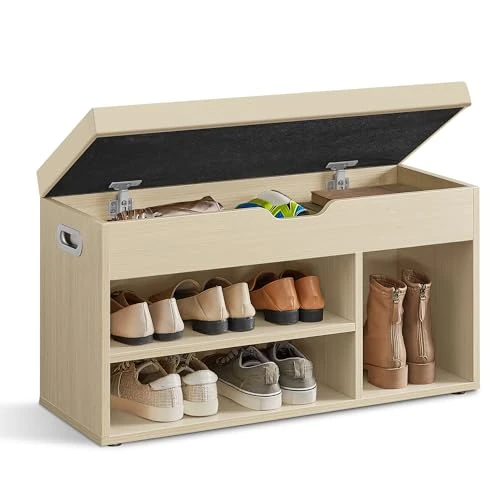 VASAGLE Schuhbank mit Sitzfläche, Sitzbank mit Stauraum, gepolstert, Fach unter Sitzkissen, Schuhregal Wohnzimmer, Flur, bis 136 kg belastbar, 30 x 80 x 44 cm, naturbeige-cappuccinobeige LHS030K02