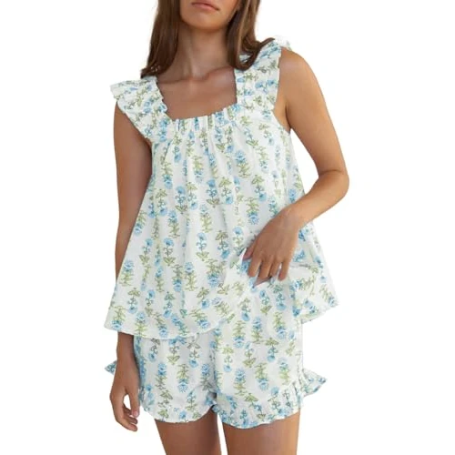 Limited-time offer: Farktop Womens Floral Print Pajama Sets Ruffle Trim Cami and Casual Shorts 2 Piece Lounge Set PJ (US, Alpha, Medium, Regular, Regular, Blue Green) from $29.98 to $19.99 (save 33.32%)