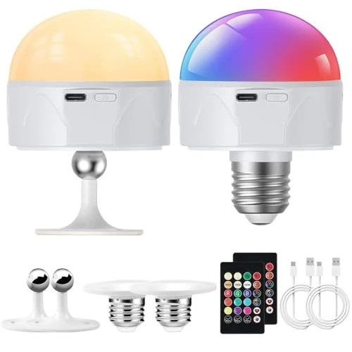 Dufuso USB-C Rechargeable Bulb with Battery, Battery Bulb with Remote Control and Timing Function, 3 Colours Dimmable, Rechargeable Bulb, Outdoor Camping Emergency Light with Hook/Pack of 2