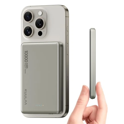 Kuulaa MagSaf Powerbank 10000 mAh, 20 W Ultradunne Power Bank, Magnetische Externe Batterij, Draadloze Externe Batterij MagSafe Compatibel met iPhone 15 Pro Max/Pro/15/14 Pro Max/Pro/13 Titane Naturel