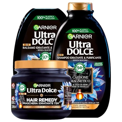 Offerta a tempo: Garnier Ultra Dolce Shampoo + Balsamo + Maschera Idratante Purificante per Capelli con Cute Grassa e Lunghezze Secche Carbone Magnetico e Olio di Semi Neri di Nigella Vegan Naturale - 3 Prodotti - 6% da 25.95 € a 24.49 €