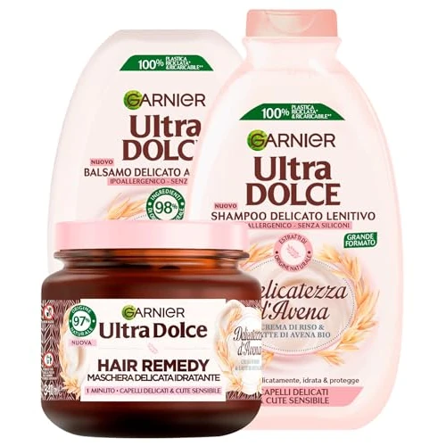 Offerta a tempo: Garnier Ultra Dolce Shampoo + Balsamo + Maschera per Capelli Delicati e Cute Sensibile Delicatezza d'Avena con Crema di Riso e Latte di Avena Bio Idratante Ingredienti di Origine Naturale - 3 Prodotti - 6% da 26.70 € a 25.19 €