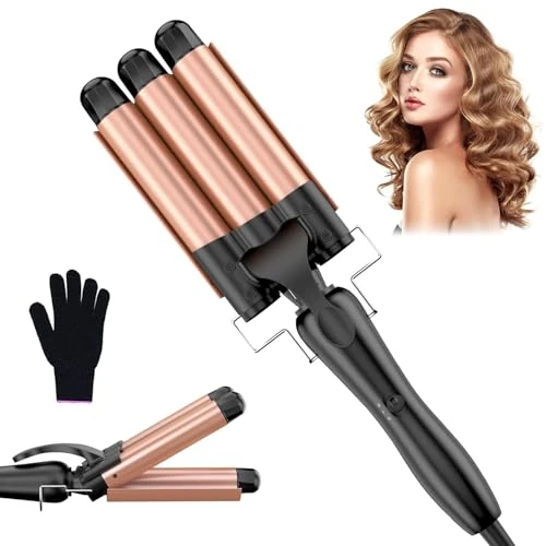 Rizador profesional con cono rizador, plancha de pelo ondulada de cerámica de 25 mm para rizos perfectos y cabello ondulado, estilo versátil y duradero, oro rosa