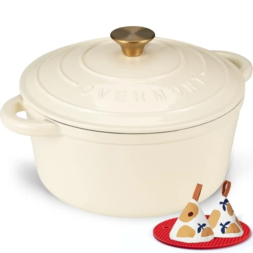 Overmont Cocotte en Fonte Émaillée - Ø28 cm Casserole Antiadhésive Avec Couvercle et Maniques en Coton - Batterie de Cuisine Robuste pour Braiser Ragoûts Rôtir Pain - Blanc crème