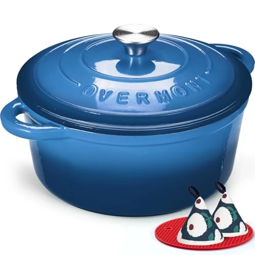 Limited-time offer: Overmont 28cm/6.6L Enamelled Cast Iron Round Casserole Pot With Lid Cookbook & Cotton Potholders - Non-stick Dutch Oven Cookware for Braising, Stews, Roasting, Bread Baking - Sapphire blue, 7QT from 49.99 £ to 49.99 £ (save 0.00%)
