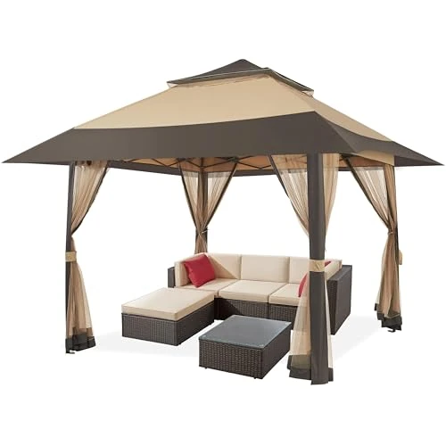 Offerta a tempo: Yaheetech Gazebo da Giardino Esterno 4 x 4 m Padiglione da Giardino con Zanzariera Struttura in Metallo Doppio Tetto con Stabili Stoffa Kaki Tubo di Terrazzo Antipioggia Antisole - 15% da 159.99 € a 136.79 €