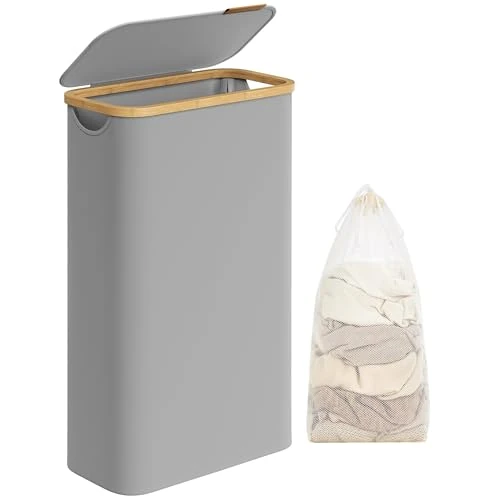 Offerta a tempo: SONGMICS Cesto portabiancheria sottile con coperchio, 90 l, salvaspazio, fodera in rete rimovibile, tessuto Oxford, manici in bambù, pieghevole, 42 x 32 x 70,5 cm - 45.96% da 36.99 € a 19.99 €
