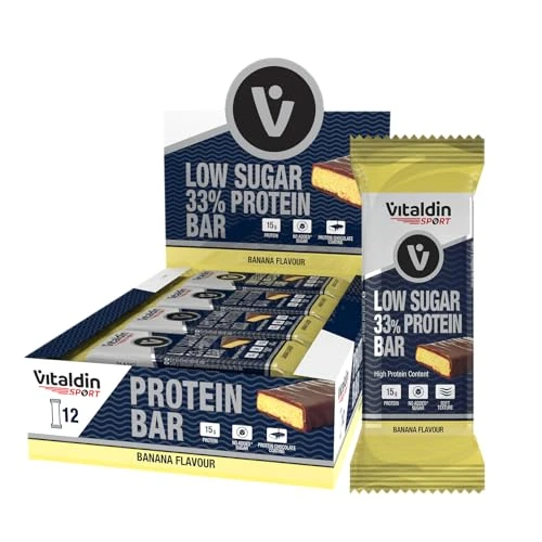 VITALDIN SPORT Low Sugar 33% Protein Bar Banane – 12 Protein Riegel x 45 gr – Smart Protein Für Mehr Nutrition: Die Cleveren Snacks, Die Dein Fitness Level Effektiv Steigern – Proteinriegel Vegan