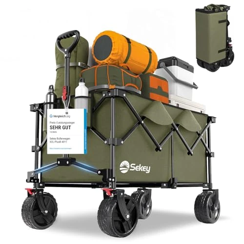 Offerta a tempo: Sekey XXL Plus Carrello Spiaggia con Freni 200L 150KG, Carrello Pieghevole Ruote Grandi Extra Tutti i Terreni, Brevettato Pieghevole da QUATTRO Direzioni SE4011, Verde Oliva - 20% da 109.99 € a 87.45 €