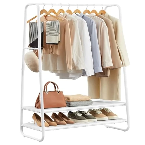 VASAGLE Kleiderständer, Garderobenständer, Garderobe, 2 Ablagen, 6 Haken in S-Form, Stahlgestell, 45 x 100 x 160 cm, für Schlafzimmer, Flur, Eingangsbereich, wolkenweiß-mattweiß RGR112W02