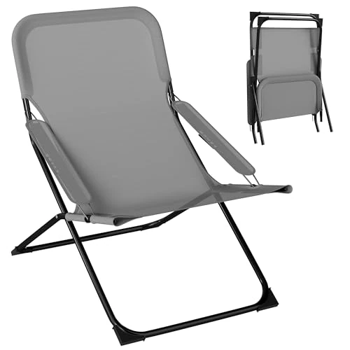 Outsunny 4-Level Reclining Garden Chair mit Kopfstütze und Armlehnen, Metall und Polyester Klappstuhl 120kg max, 69x91x96 cm, Schwarz und Grau