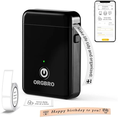 ORGBRO X1 Etichettatrice Termica Portatile Bluetooth - Mini Stampante per Etichette Adesive Senza Inchiostro/Cartucce con 1 Rotolo Incluso, Compatibile con iOS/Android per Casa, Ufficio (Nero)