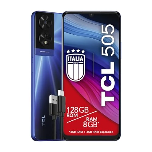 TCL 505 - Smartfon 4G Ekran 6,75 HDplus 90 Hz, 128 GB, 8 GB RAM, aparat hybrydowy 50Mp, Android 14, bateria 5010 mAh, Dual Sim, Ocean Blue, Dodatkowy kabel USB Type-C