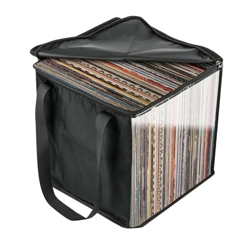 Xeihuul Contenitore per dischi in vinile con coperchio e maniglie, organizer per dischi in vinile per 50 dischi singoli