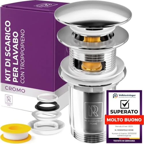Offerta a tempo: M. ROSENFELD HOME Piletta Lavabo Bagno Click Clack con Troppo Pieno, Piletta di Scarico Lavandino Cromata, Valvola Click Clack in Acciaio Inox e Ottone - 44% da 20.00 € a 11.30 €