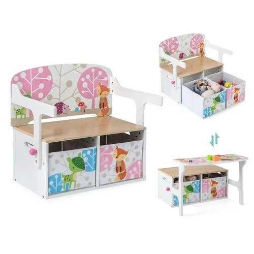 RELAX4LIFE Set Tavolo e Sedia per Bambini 3 in 1, Cassapanca Convertibile Senza Attrezzi con 2 Cesti Portagiocchi e Scrivannia con Sedie