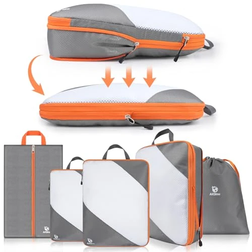 AiQInu 5 Piece Suitcase Organizer, Compression Packing Cube Space-Saving Expandable Ultralight Travel Organizer for Clothes, Shoes, Underwear Travel Set for Backpacks or Hand Luggage