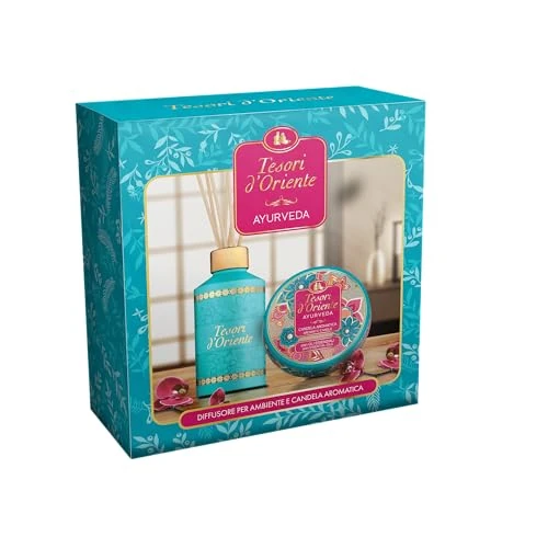 Tesori d'Oriente - Coffret cadeau, parfum d'ambiance avec bâtonnets 200 ml et petite bougie parfumée 109 g, parfum ayurvédique, coffret cadeau