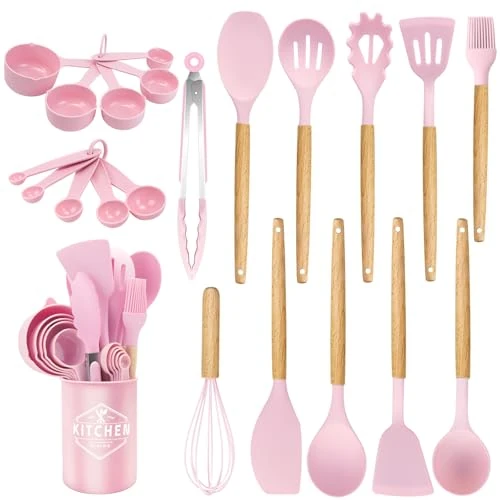 Utensilios de Cocina de Silicona 22 Piezas, set di utensili da cucina per pentole antiaderenti, al Calor y Antiadherentes con Mango de Madera para Utensilios sin BPA (Rosa)