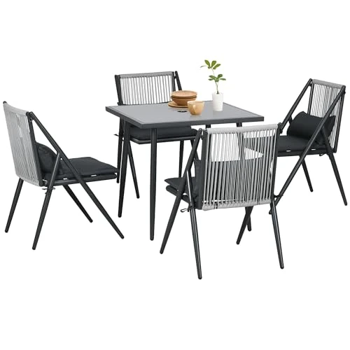 Outsunny Ensemble de jardin de 5 pièces, ensemble d'extérieur avec 4 chaises de jardin avec coussins et table à manger carrée en verre, gris foncé