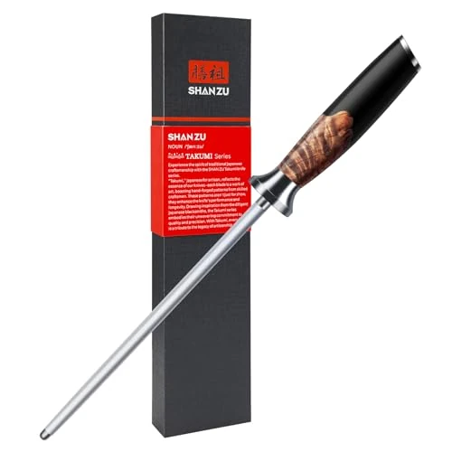 SHAN ZU Aanzetstaal, 20 cm Lange Slijpstaaf, Professionele Messenslijpstaaf Geschikt voor Vele Soorten Messen Stalen Slijpstaaf met Ergonomisch Handvat van Esdoornhout Cadeauverpakking