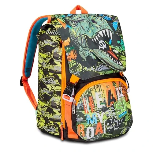 SJ Gang Expandable School Backpack, Black Orange, RexMe, Double Compartment Backpack Extensible Through Side Zips, Bottle Pocket, Elementary and Middle Schools, Child Boy, Black, Taglia unica,