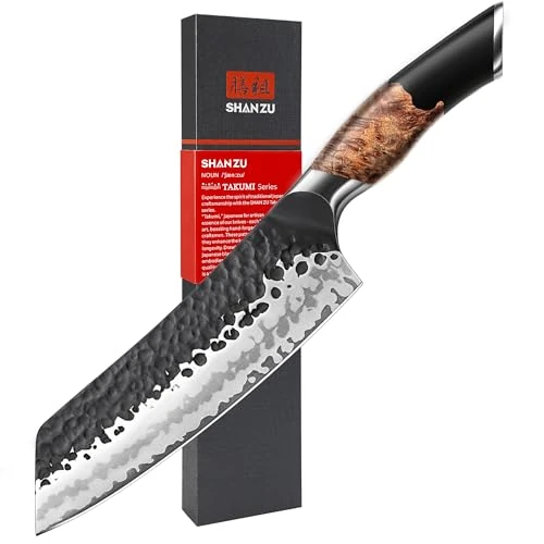 SHAN ZU Cuchillo Santoku Japonés Forjado a Mano, Cuchillo de Cocina 9,5 cm, 7 Capas Cuchillo de Cocinero Afilado de Acero 10Cr15MOV, Cuchillo Profesional para Verdura y Carne, Mango de Madera de Arce