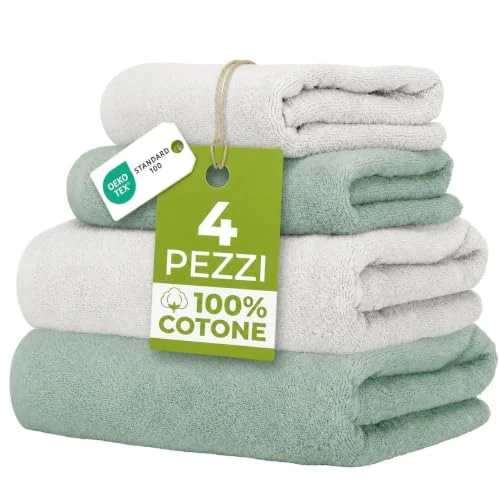 Offre limitée : Ruggeri Lot de 4 Serviettes, 2 Toilette 2 Invité, Coton 500g, Blanc et Vert de 24.99 € à 24.99 € (0.00% de remise)
