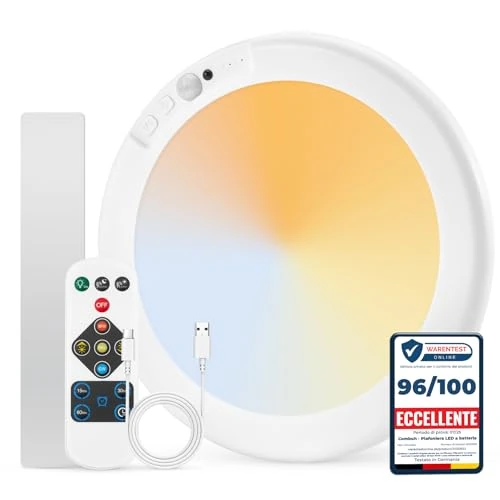 Combuh Luz sin Electricidad Lampara Baño LED Techo Bateria sin Cable Plafon a Pilas, Autonomía 85 Días 6000mAh Plafón Recargable con Mando Interior para Garaje Trastero Pasillos Redondo 1 Unidad