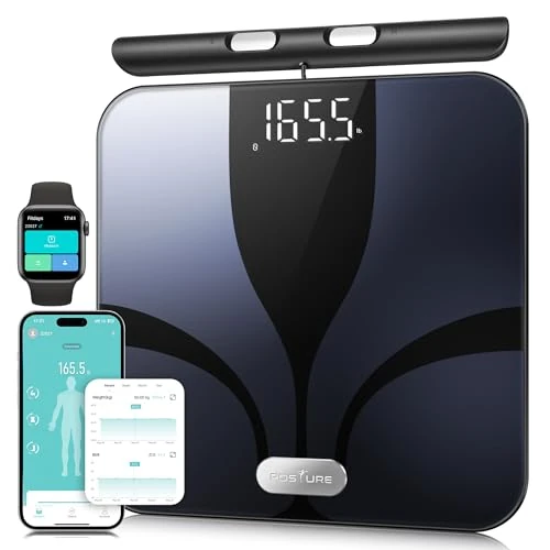 Bilancia Pesapersone Digitale Percentuale di Grasso 8 Elettrodi, Piattaforma Grande, Analizza 28 Elementi della Composizione Corporea, BMI, Bilancia Intelligente da Bagno Sync App, 180 kg