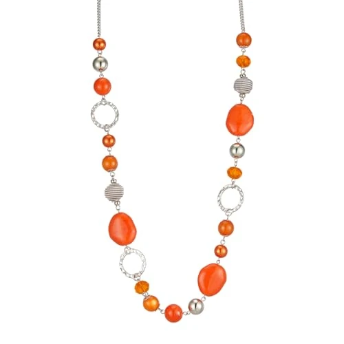 FULU AUTUMN Collar largo con cuentas de plata para mujer, collar boho largo bisutería regalos cumpleaños para ella, Zinc Cristal, No es una piedra preciosa, naranja.