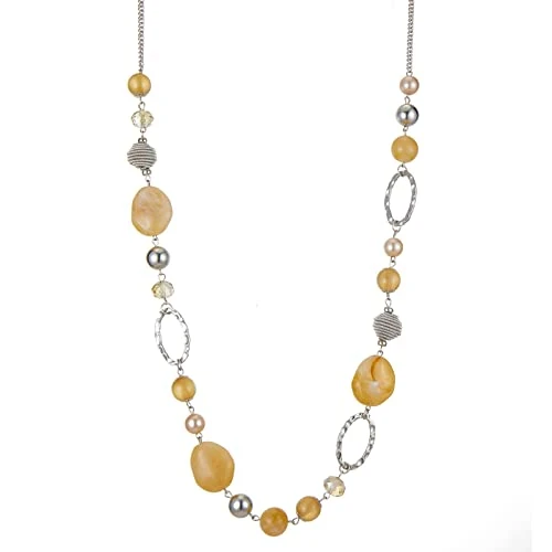 FULU AUTUMN Lange Silberkette mit Perlen für Damen Halskette Lange Kette aus Perlen und Kristallen Boho Schmuck Geschenkideen für Sie, Zink Kristall, Kein Edelstein