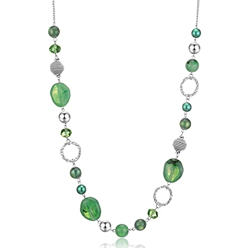 FULU AUTUMN Collar Largo con Perlas de Plata para Mujer Collar Boho Largo Bisutería Regalos Cumpleaños para Ella, 95 cm, Zinc Cristal, No es una piedra preciosa