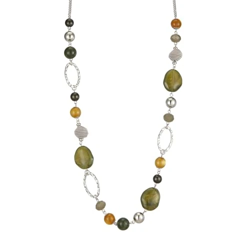 FULU AUTUMN Lange Silberkette mit Perlen für Damen Halskette Lange Kette aus Perlen und Kristallen Boho Schmuck Geschenkideen für Sie, Zink Kristall, Kein Edelstein