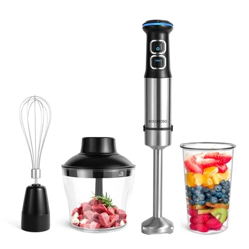 Kolohoso 1500W Staafmixer, 4 in 1 Handblender met 21 Instelbare Snelheden, Immersion Blender met 4 Roestvrijstalen Messen, Elektrische Staafmixerset met 600ML Hakmolen, 800ML Maatbeker, Garde BPA-vrij